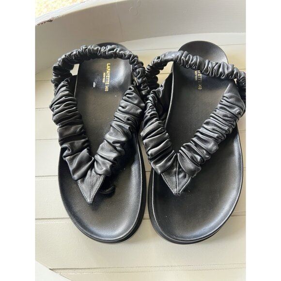 $428 Lafayette 148 Helene Slingback Thong Flat Sandals Black Leather 37 US 6.5 - Picture 1 of 13